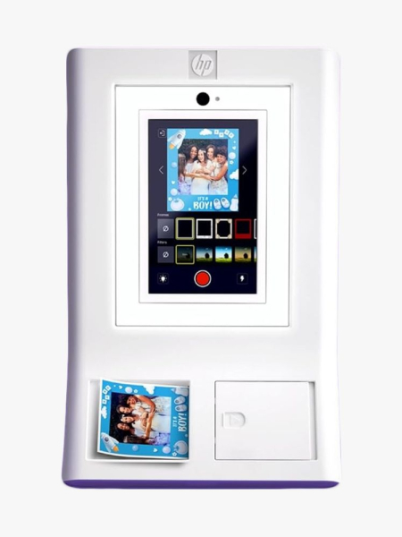 HP Sprocket Photo Booth Printer in branded component on a light gray background