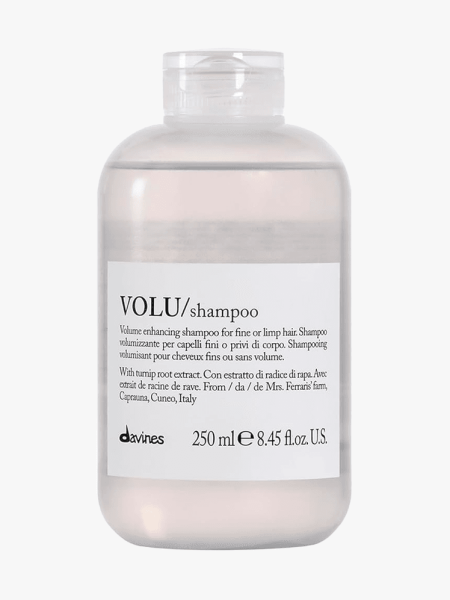 Davines VOLU Shampoo in branded bottle component on a light gray background
